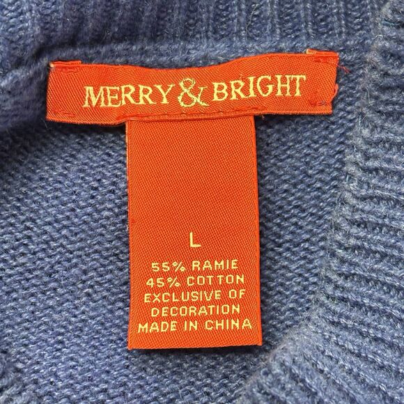 MERRY BRIGHT Cat Christmas Sweater Blue Holiday Pullover - Picture 6 of 7